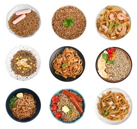 Set with tasty buckwheat porridge and noodles on white background, top view