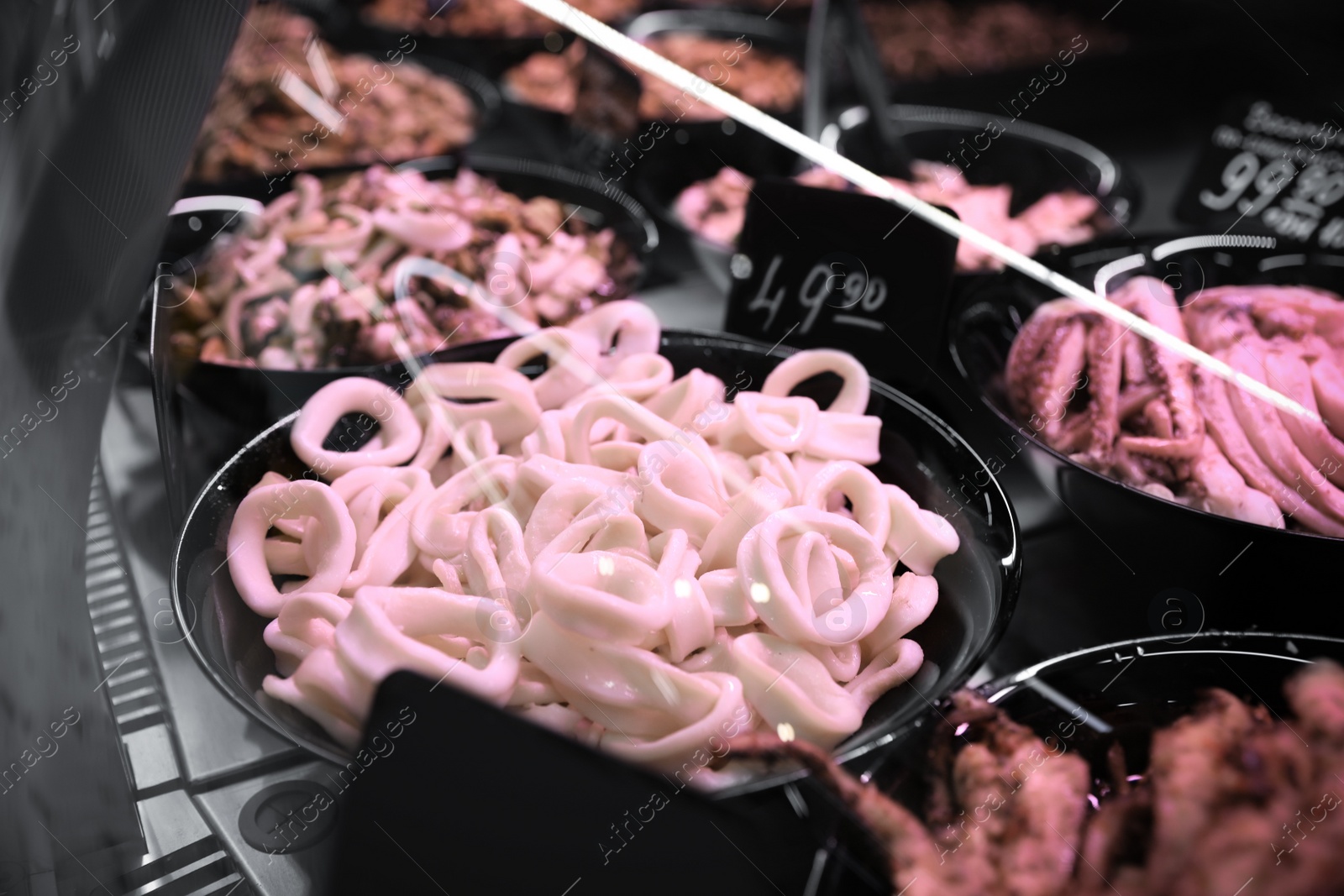 Photo of Different seafood on display, closeup. Wholesale market