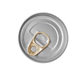 Photo of One closed tin can isolated on white, top view
