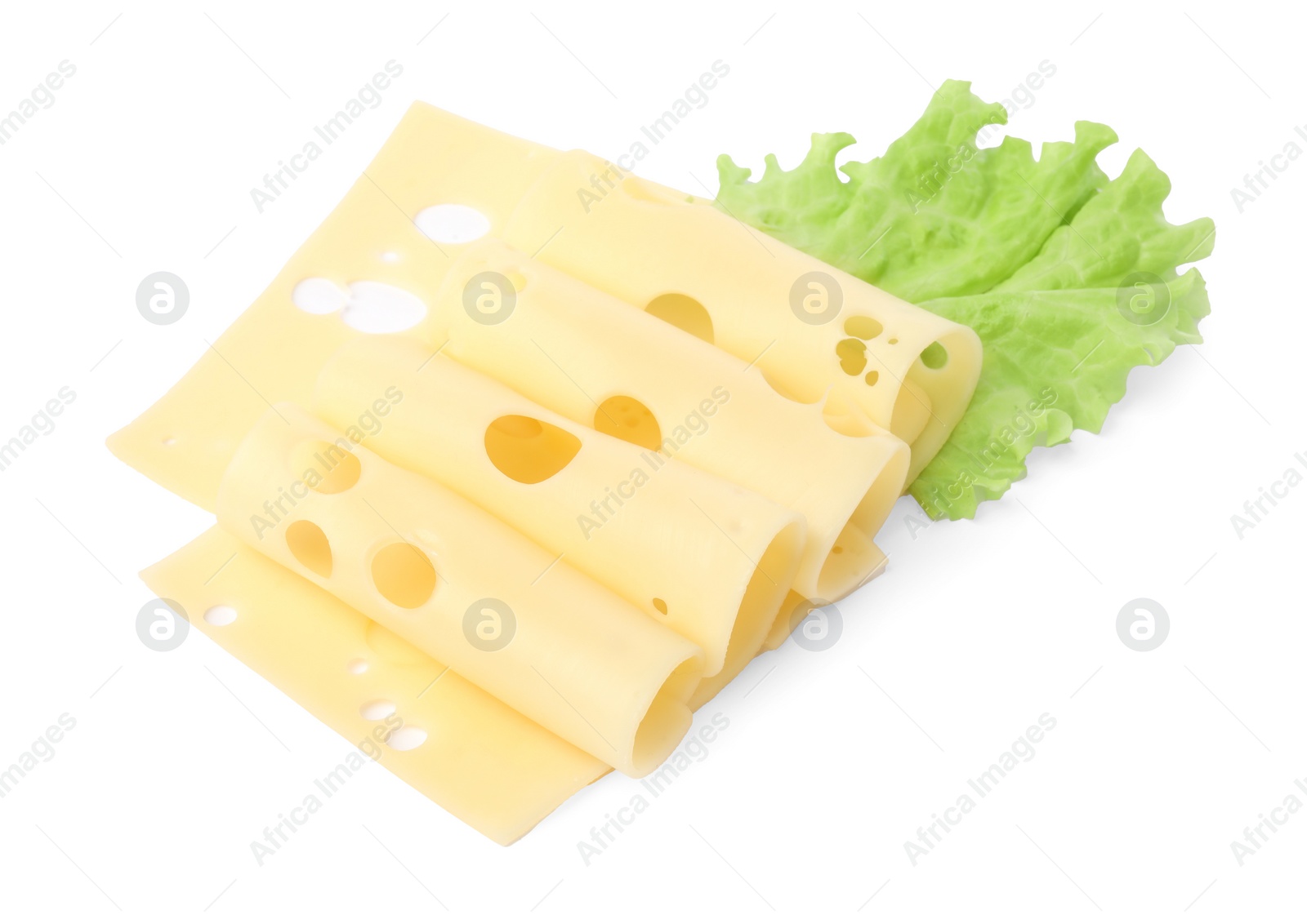 Photo of Slices of tasty fresh cheese and lettuce isolated on white