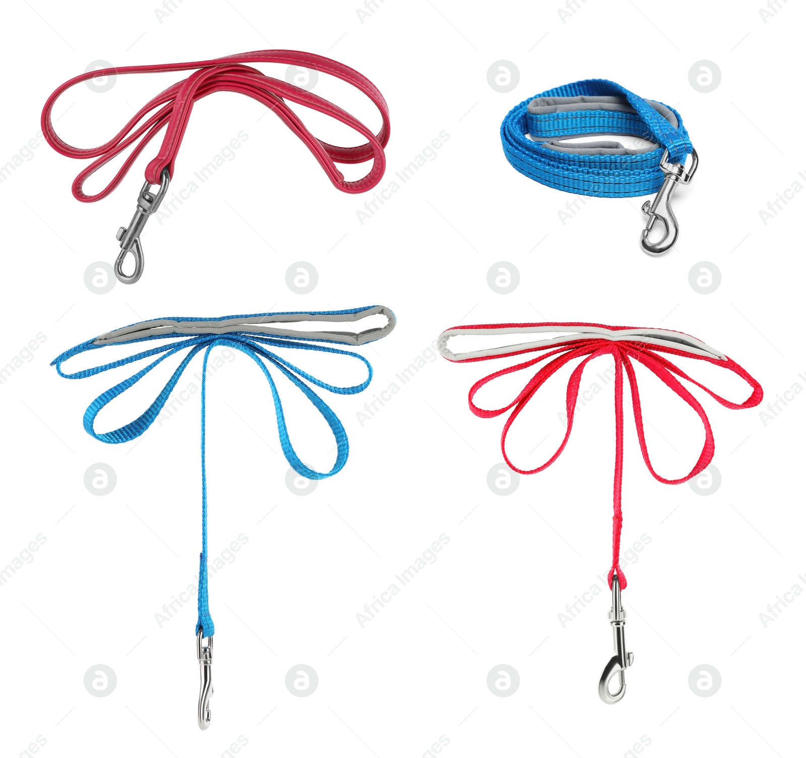 Image of Different pet leashes on white background, collage design