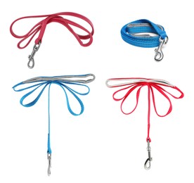 Image of Different pet leashes on white background, collage design