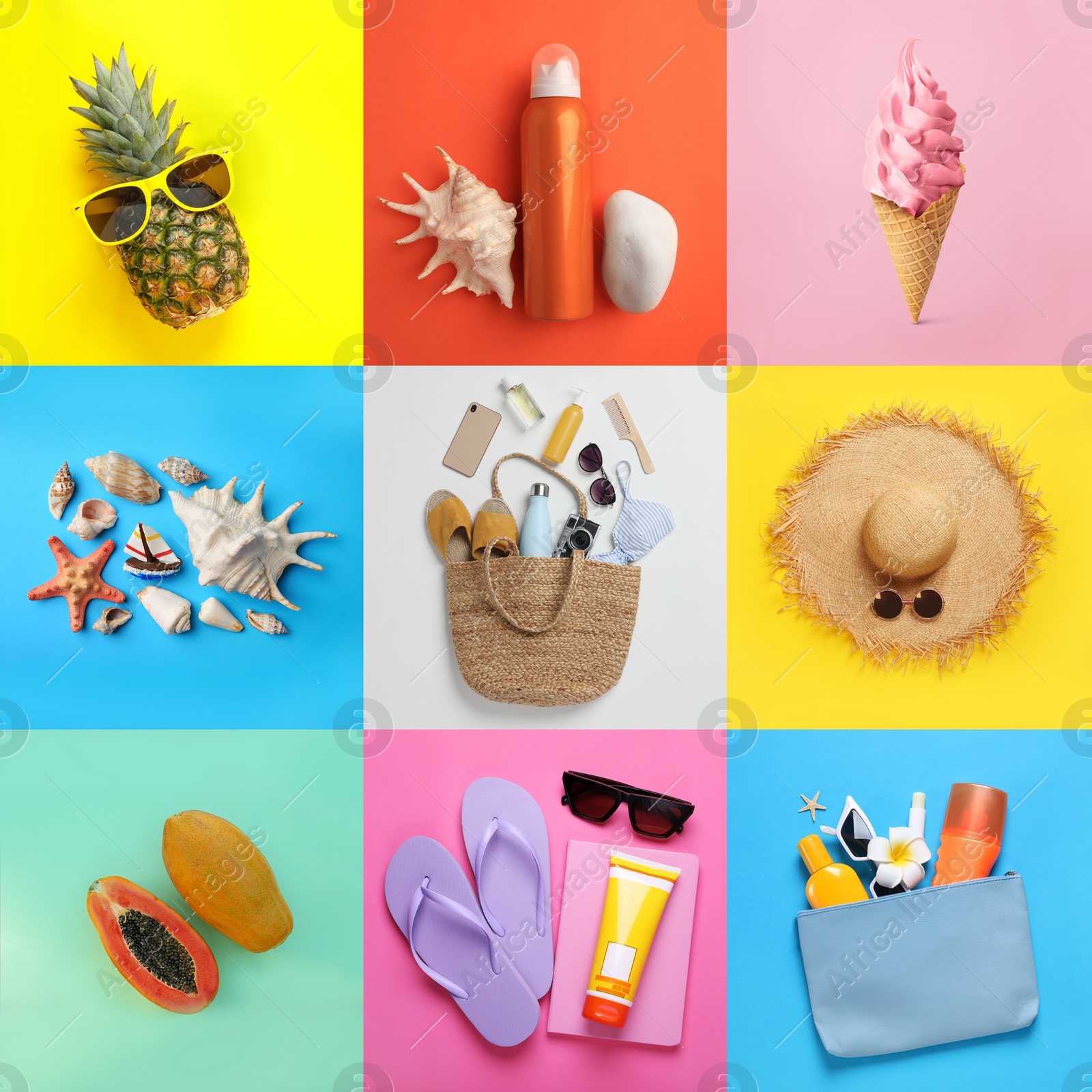 Image of Collage with ice cream, fruits and beach accessories. Summer time