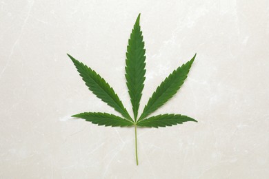 Photo of Fresh green hemp leaf on marble table, top view