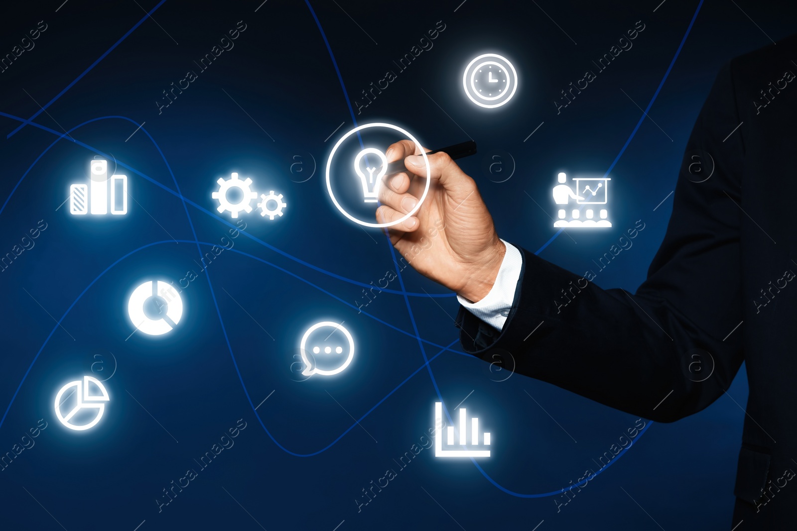 Image of Core values concept. Businessman touching icon on virtual screen