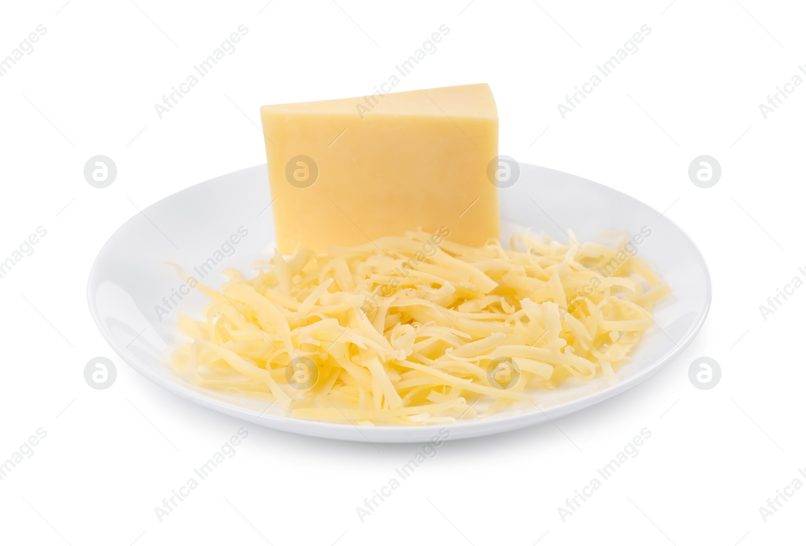 Photo of Grated cheese and piece of one isolated on white