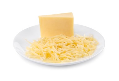 Grated cheese and piece of one isolated on white