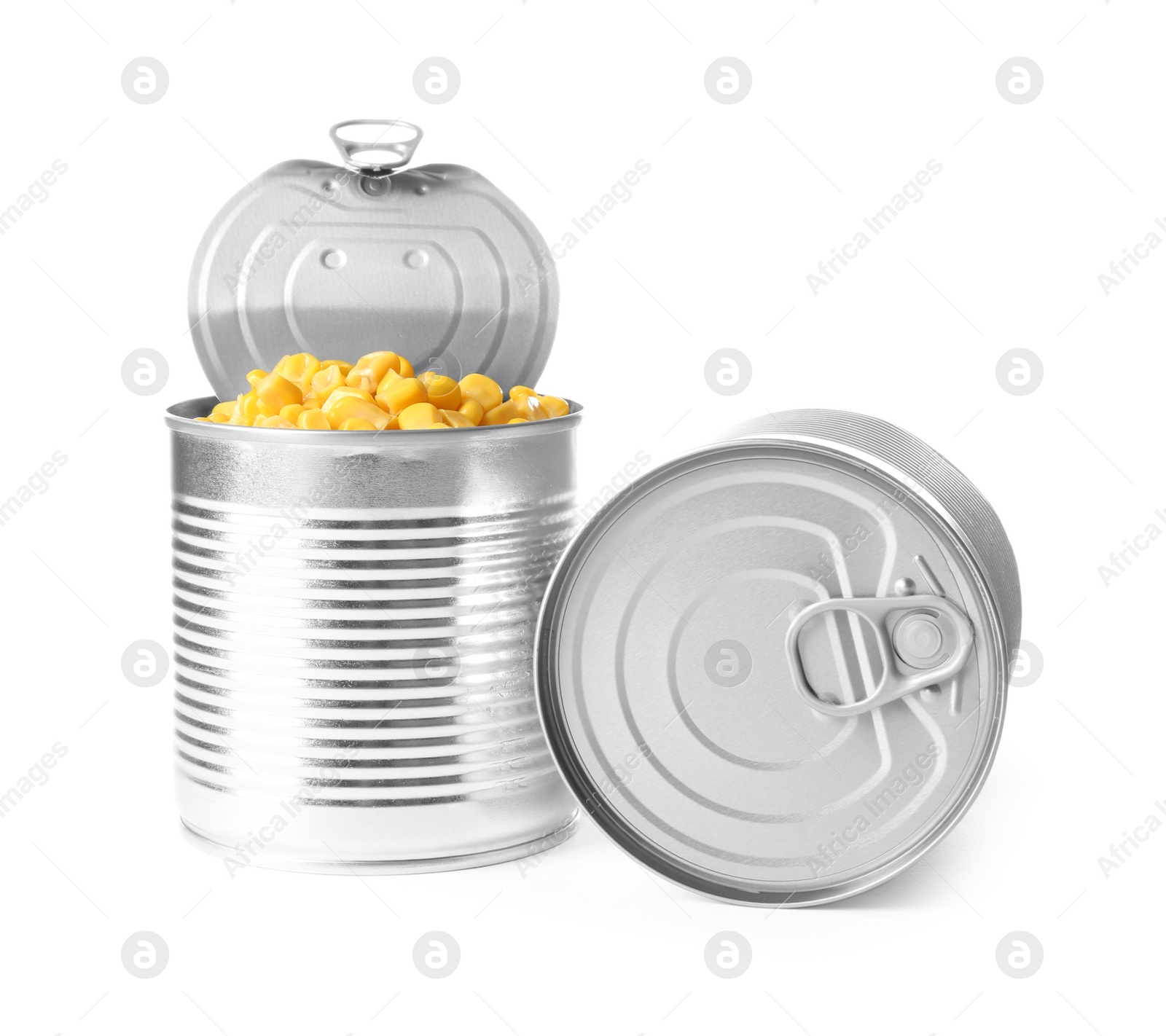 Photo of Tin cans of corn isolated on white