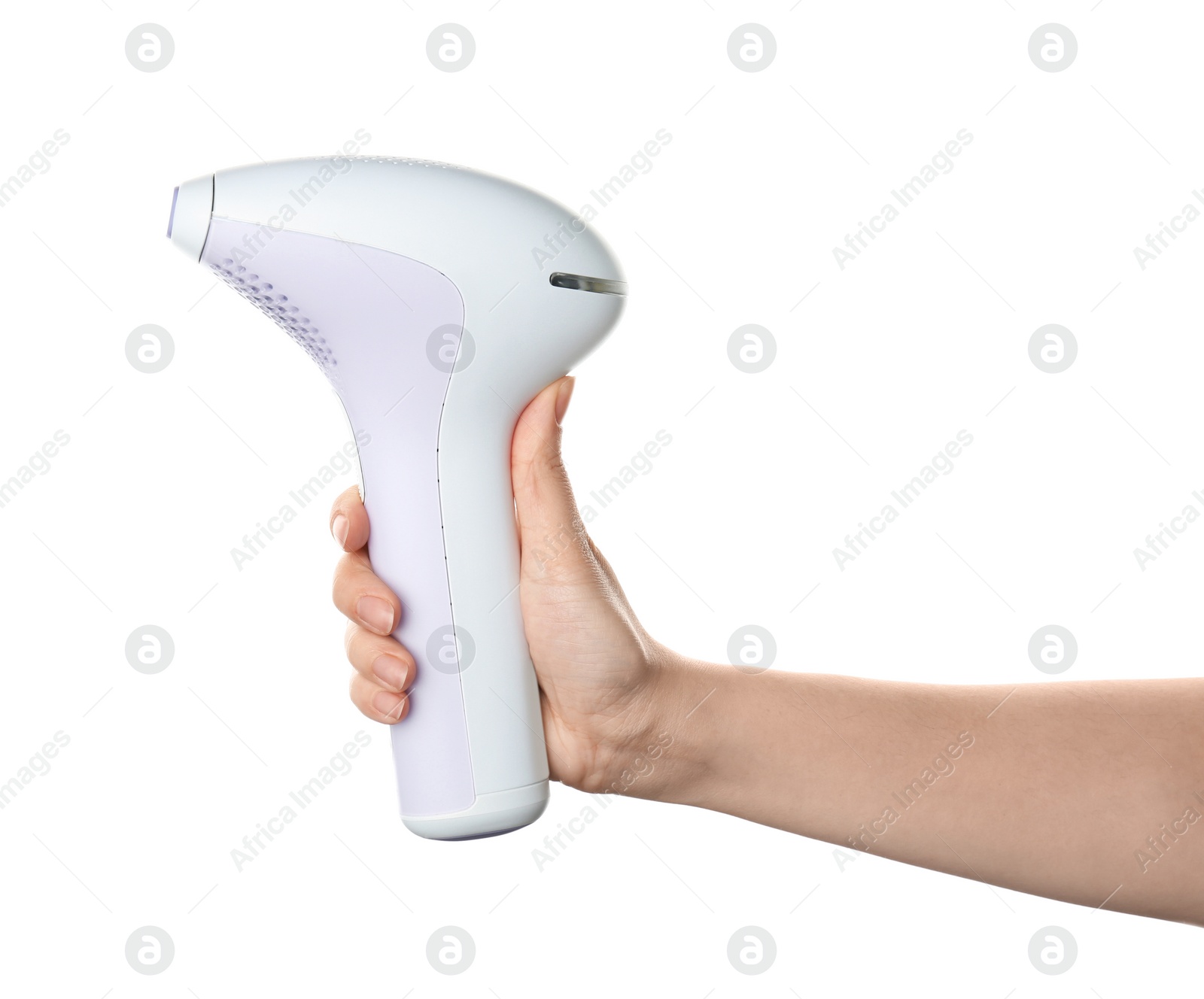 Photo of Woman holding modern laser epilator on white background, closeup