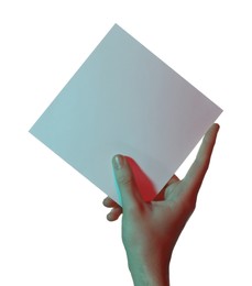 Man holding sheet of paper on white background, closeup and space for text. Color tone effect