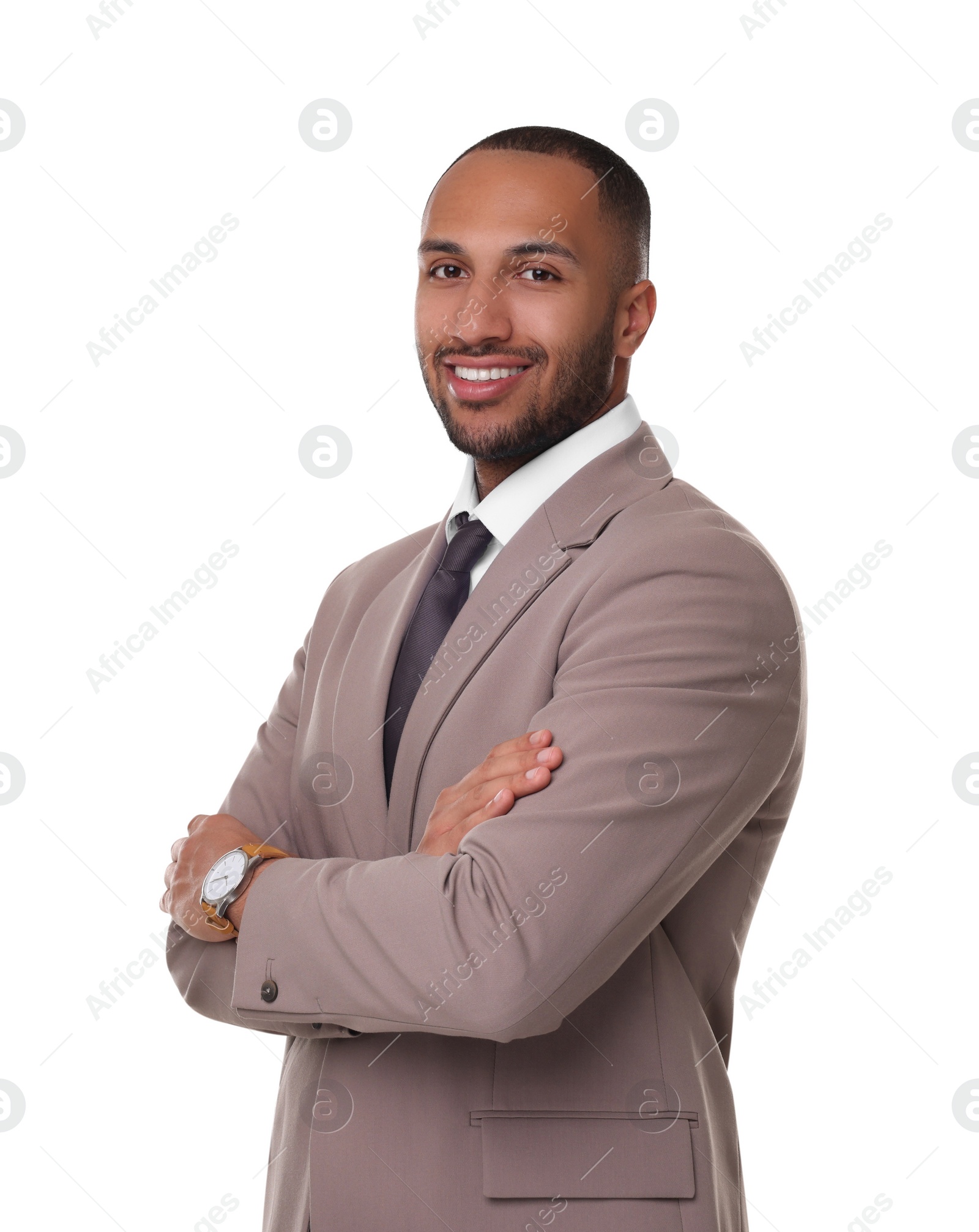 Photo of Portrait of happy man with crossed arms on white background. Lawyer, businessman, accountant or manager