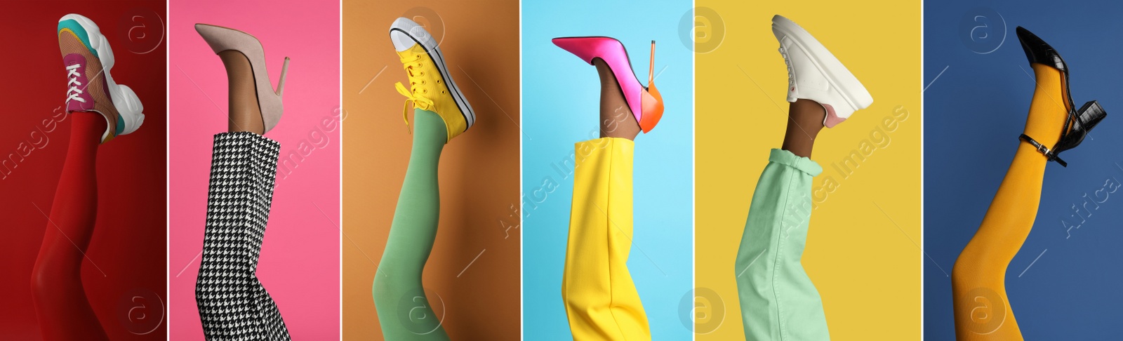 Image of Collage with photos of women showing fashionable collections of stylish shoes, tights and socks on different color backgrounds, closeup view of legs. Banner design