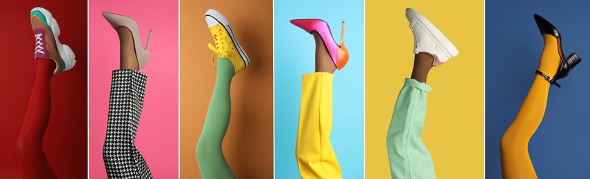 Image of Collage with photos of women showing fashionable collections of stylish shoes, tights and socks on different color backgrounds, closeup view of legs. Banner design