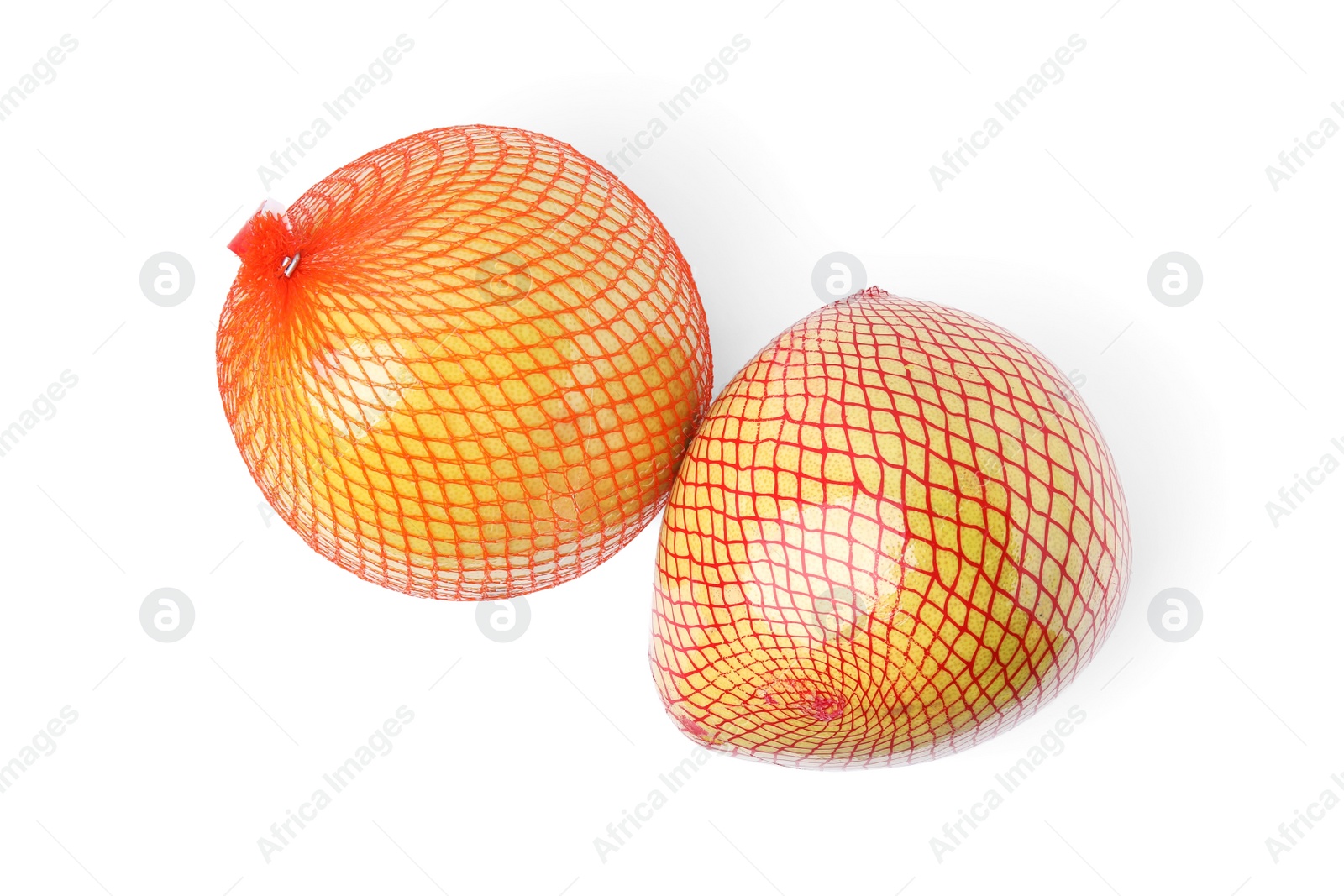 Photo of Tasty fresh pomelo fruits isolated on white, top view