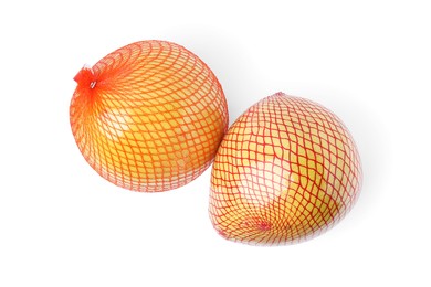 Tasty fresh pomelo fruits isolated on white, top view