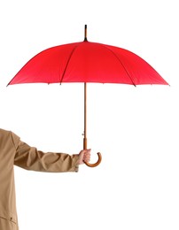Photo of Woman with open red umbrella on white background, closeup