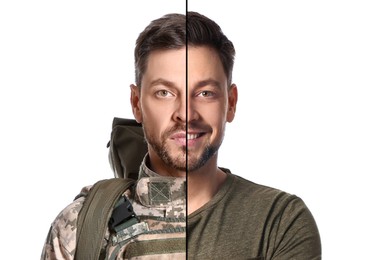 Image of Military and civil man isolated on white, collage dividing portrait
