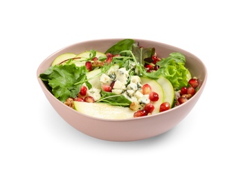 Tasty salad with pear slices and pomegranate seeds isolated on white