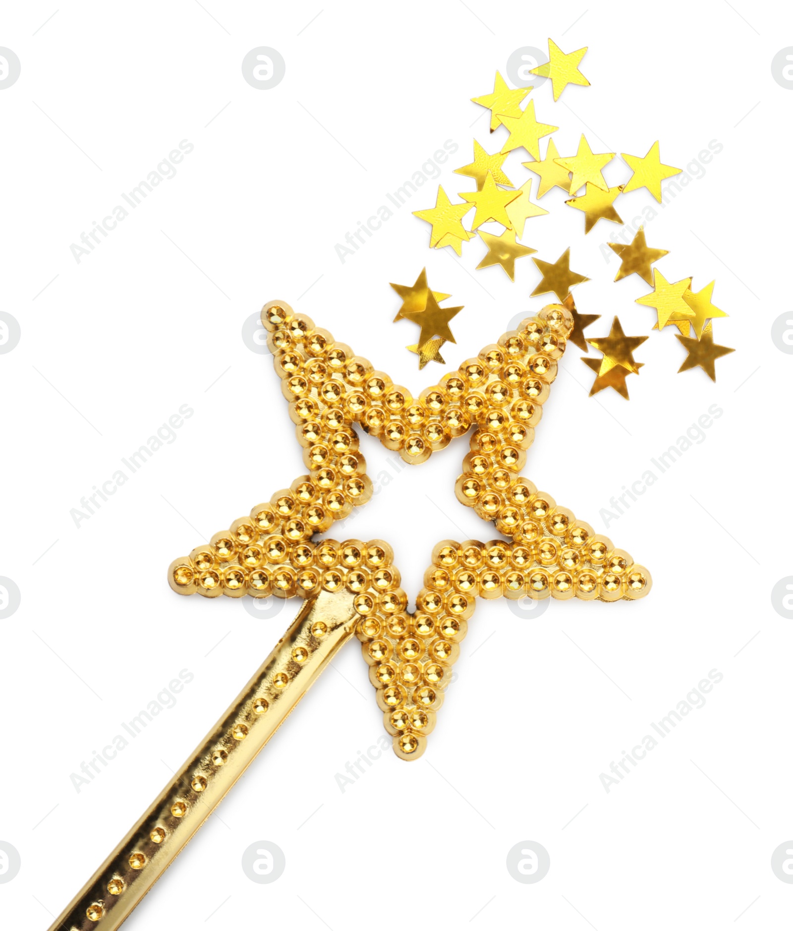 Photo of Beautiful golden magic wand with confetti on white background, top view