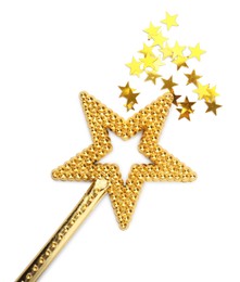 Photo of Beautiful golden magic wand with confetti on white background, top view