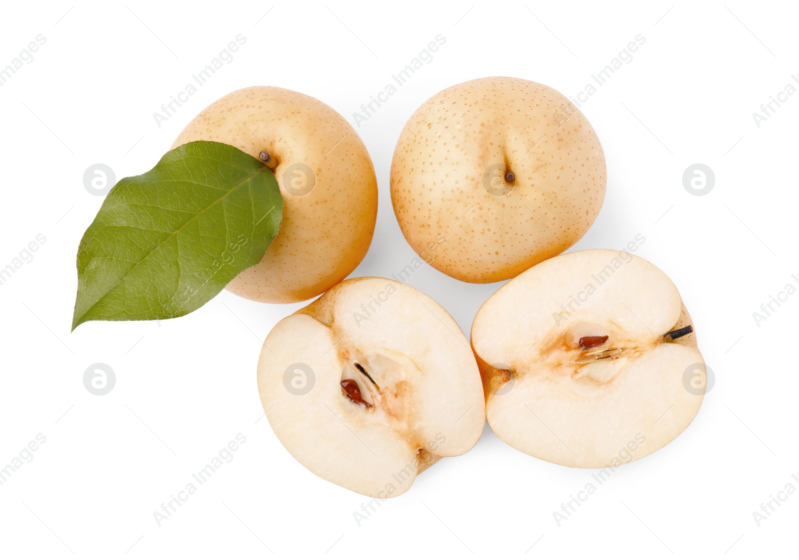 Photo of Delicious fresh apple pears isolated on white, top view