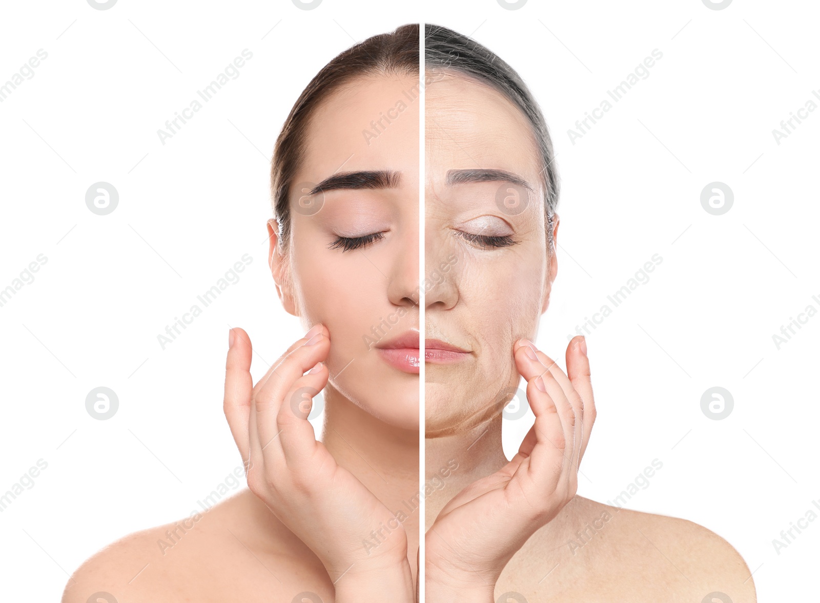Image of Changes in appearance during aging. Portrait of woman divided in half to show her in younger and older ages. Collage design on white background