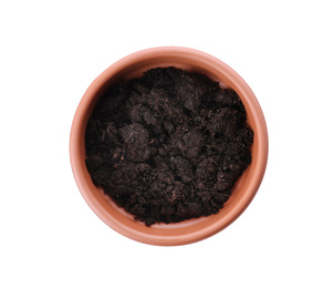 Photo of Stylish terracotta flower pot with soil isolated on white, top view