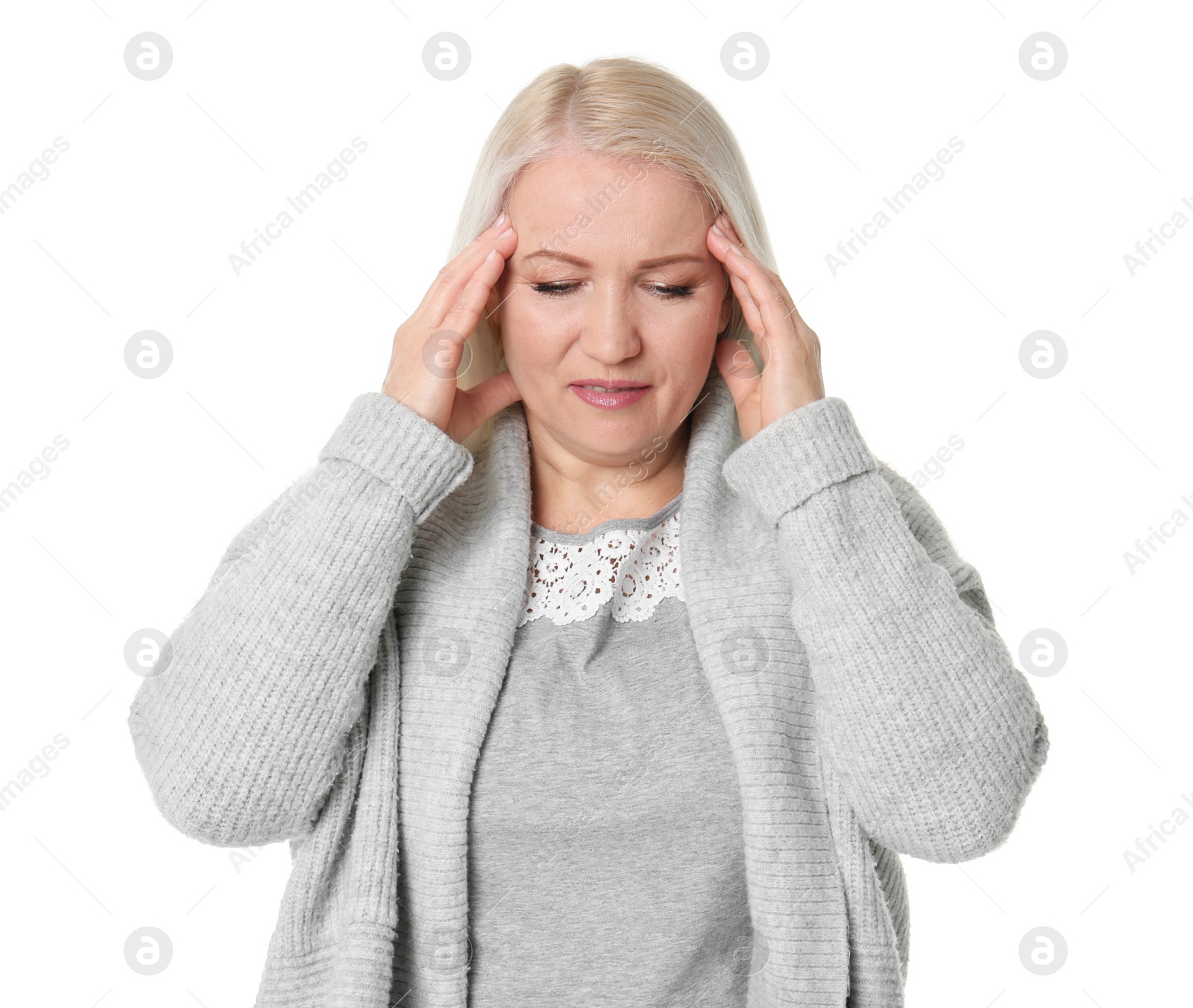 Photo of Mature woman suffering from headache on white background