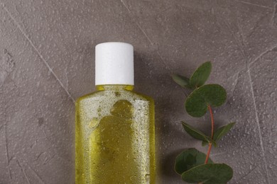 Photo of Fresh mouthwash in bottle and eucalyptus branch on dark textured table with water drops, top view