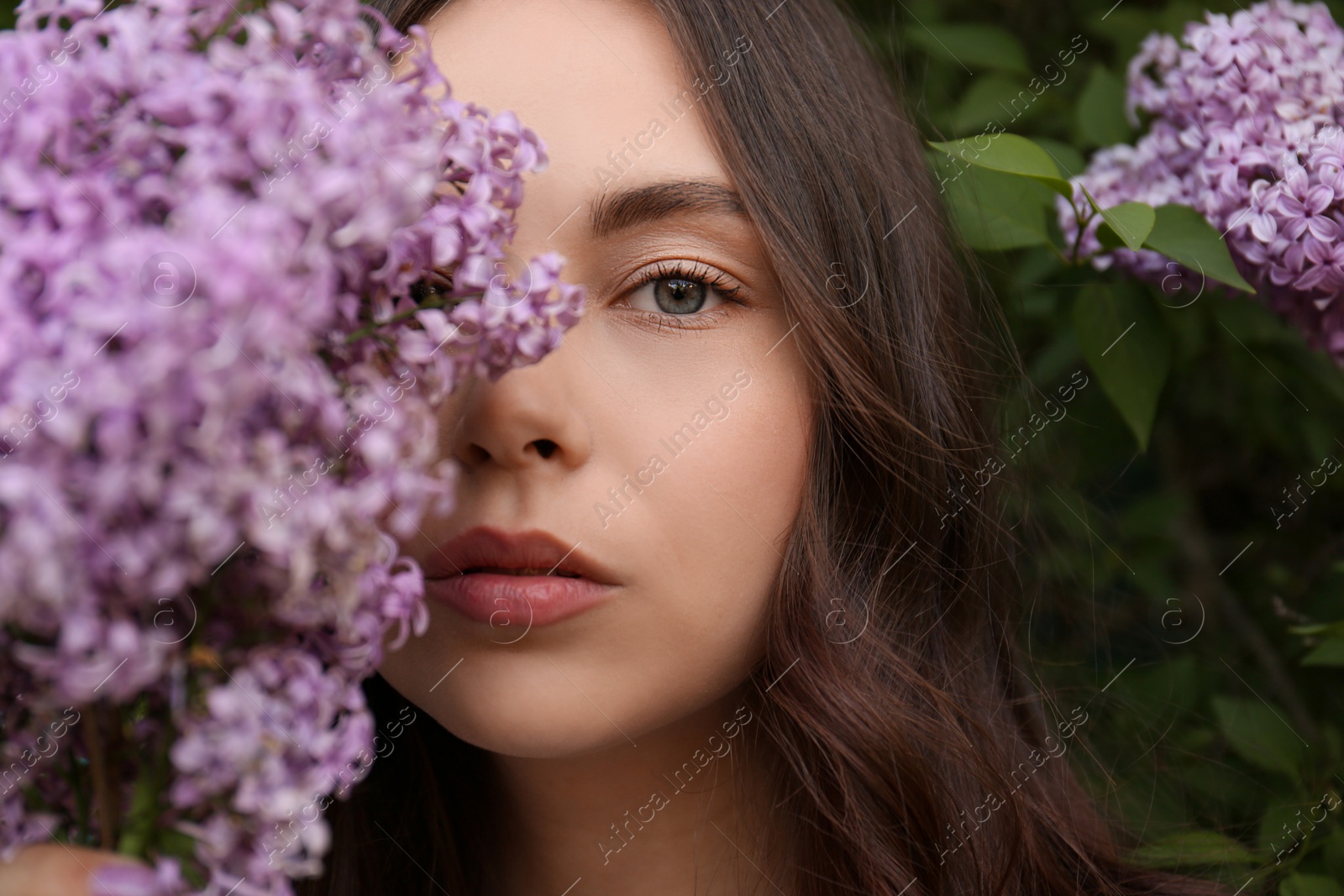 Photo of Attractive young woman near blooming lilac bush outdoors, closeup