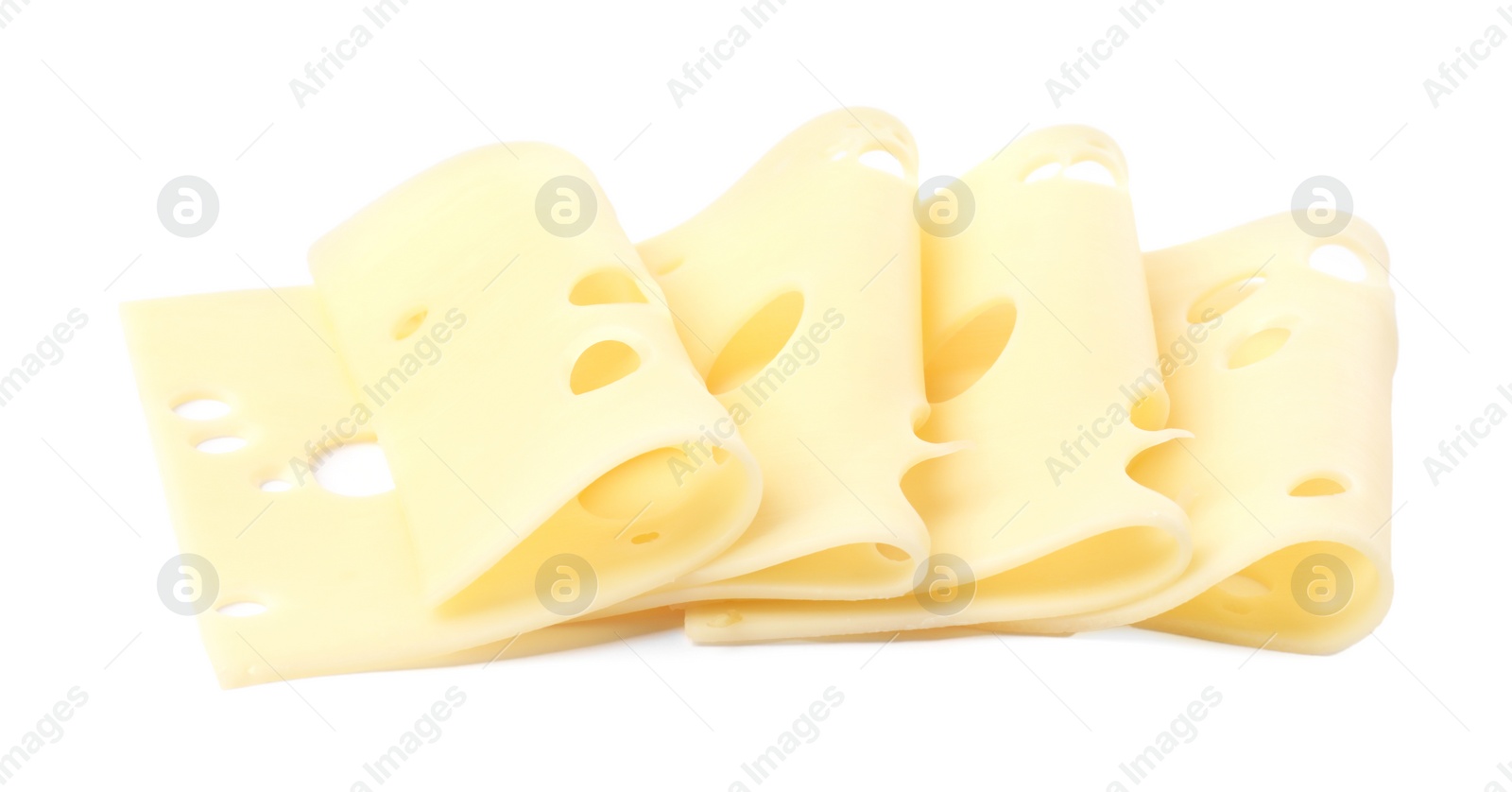 Photo of Slices of tasty fresh cheese isolated on white