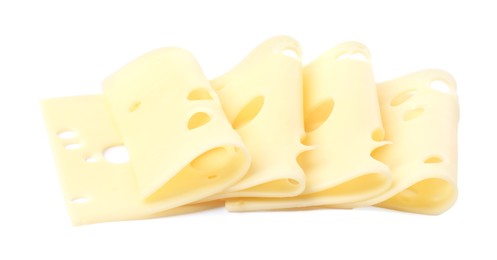 Slices of tasty fresh cheese isolated on white