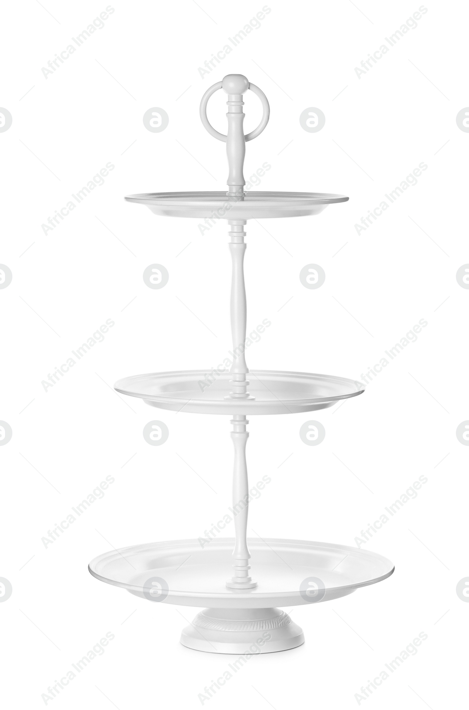 Photo of Clean ceramic dessert stand isolated on white