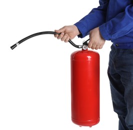 Photo of Man with fire extinguisher on white background, closeup