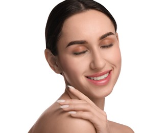 Portrait of beautiful young woman on white background