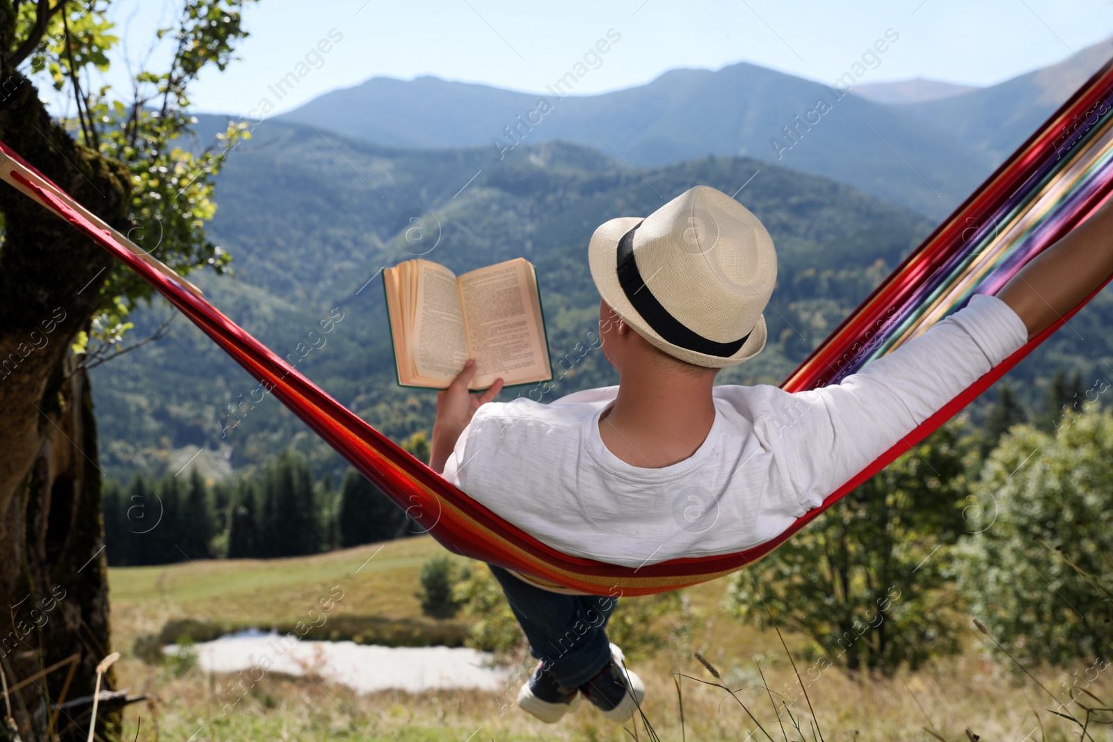 Photo of Man reading book in hammock outdoors on sunny day