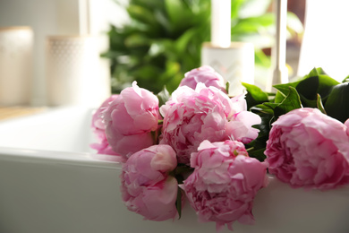 Photo of Bouquet of beautiful pink peonies in kitchen sink