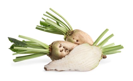 Whole and cut sugar beets on white background