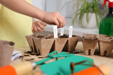 Photo of Little girl inserting cards with names of vegetable seeds into peat pots indoors, closeup