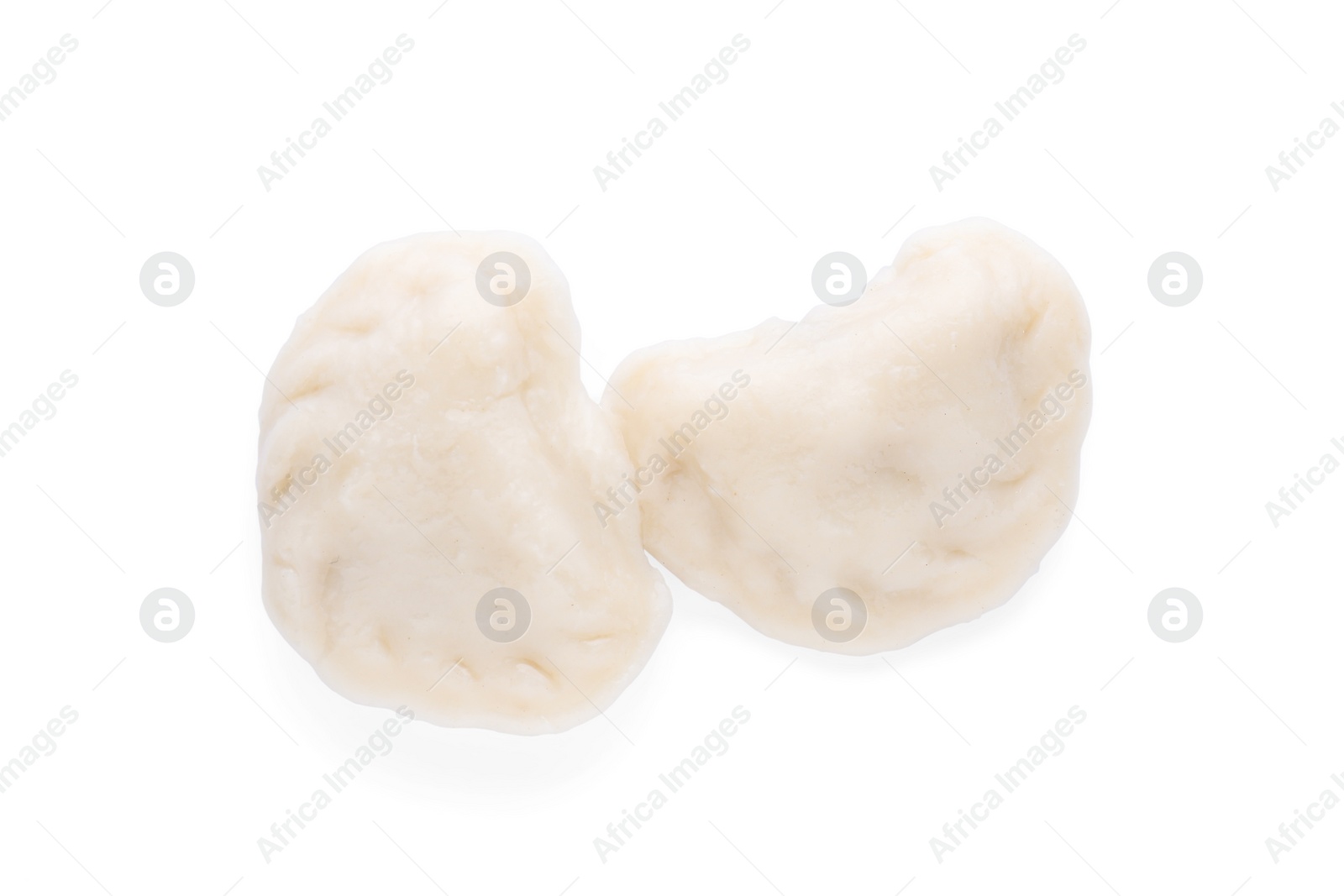 Photo of Delicious dumplings (varenyky) with tasty filling on white background, top view