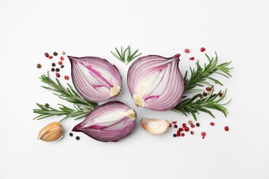 Photo of Fresh red onions, garlic, rosemary and spices on white background, flat lay