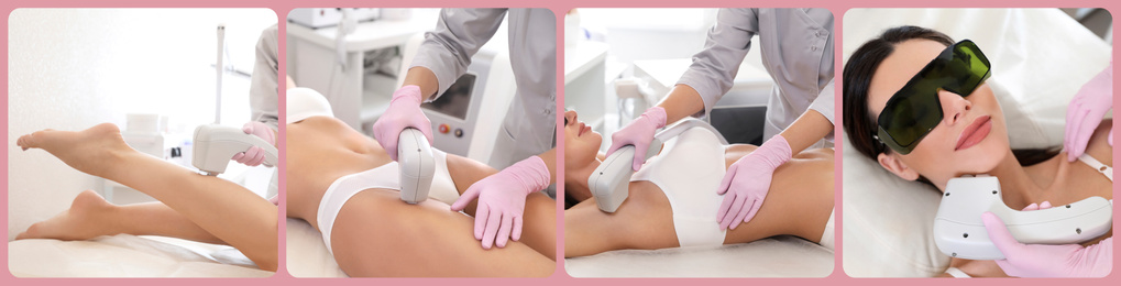 Collage with photos of woman undergoing laser epilation procedure. Banner design