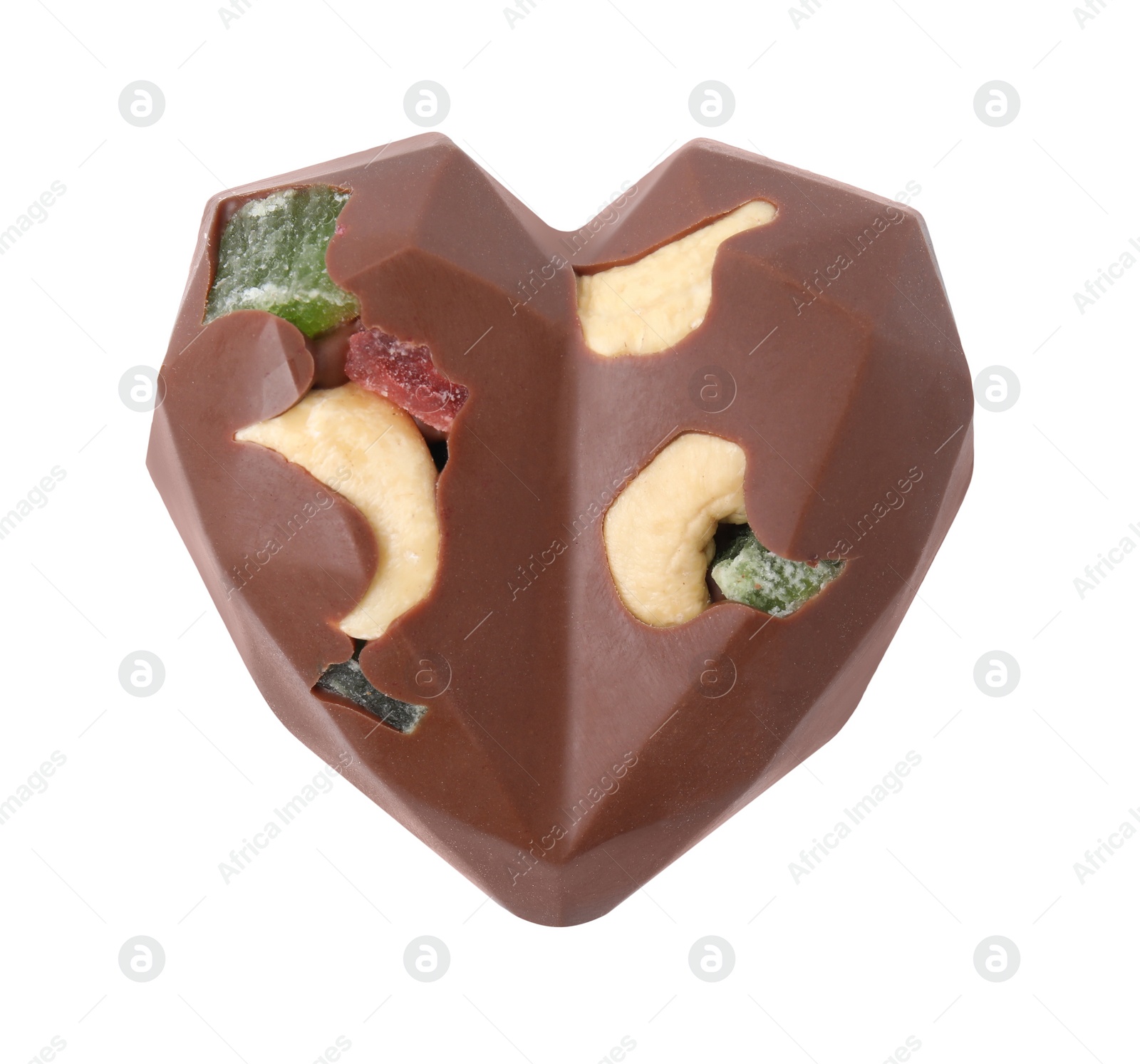 Photo of Tasty chocolate heart shaped candy with nuts on white background, top view