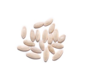 Pile of cucumber seeds on white background, top view