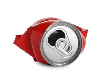 Photo of Red crumpled can with ring isolated on white