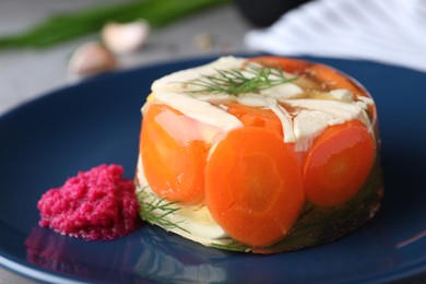 Delicious chicken aspic with vegetables on plate, closeup