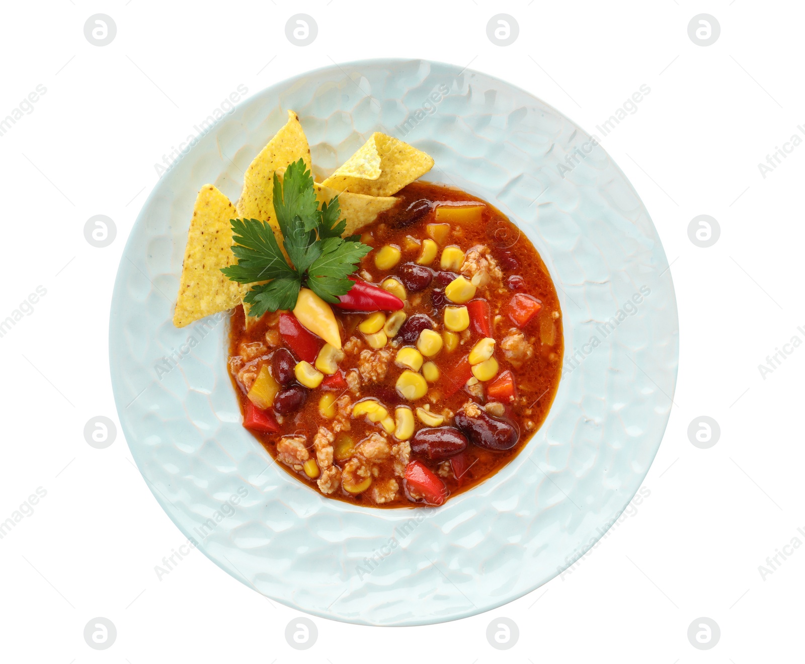 Photo of Plate with tasty chili con carne on white background, top view