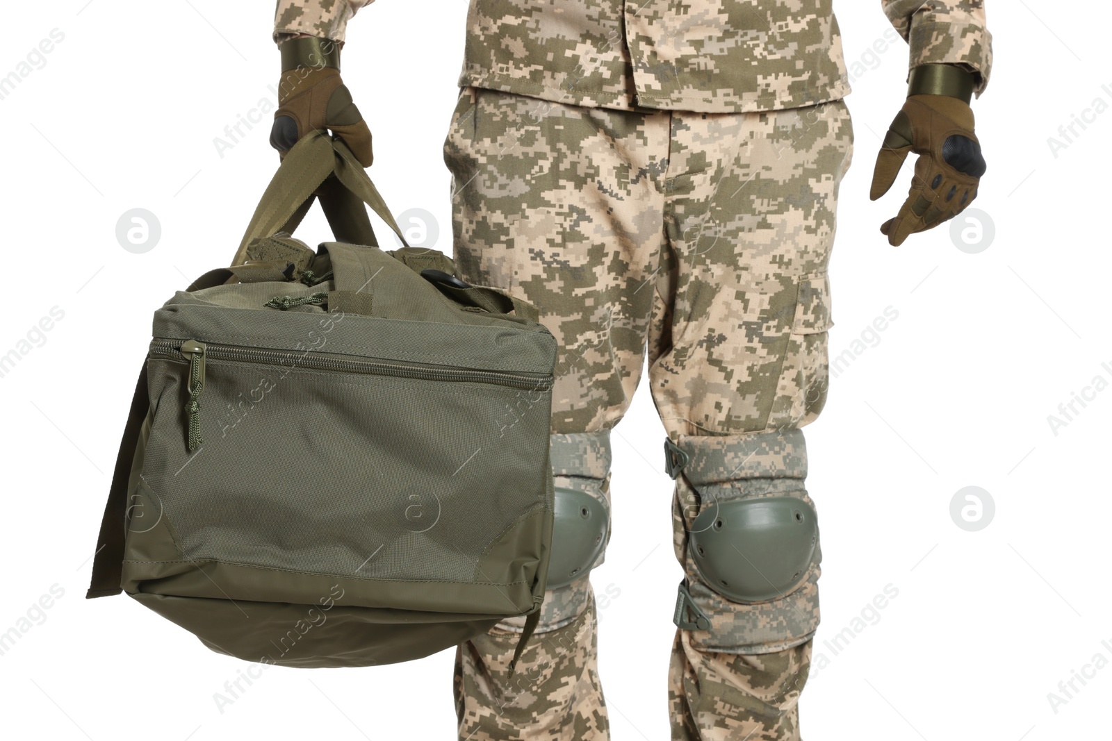 Photo of Ukrainian soldier in military uniform with army bag on white background, closeup