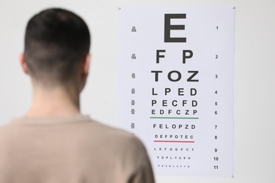 Eyesight examination. Young man looking at vision test chart indoors, selective focus