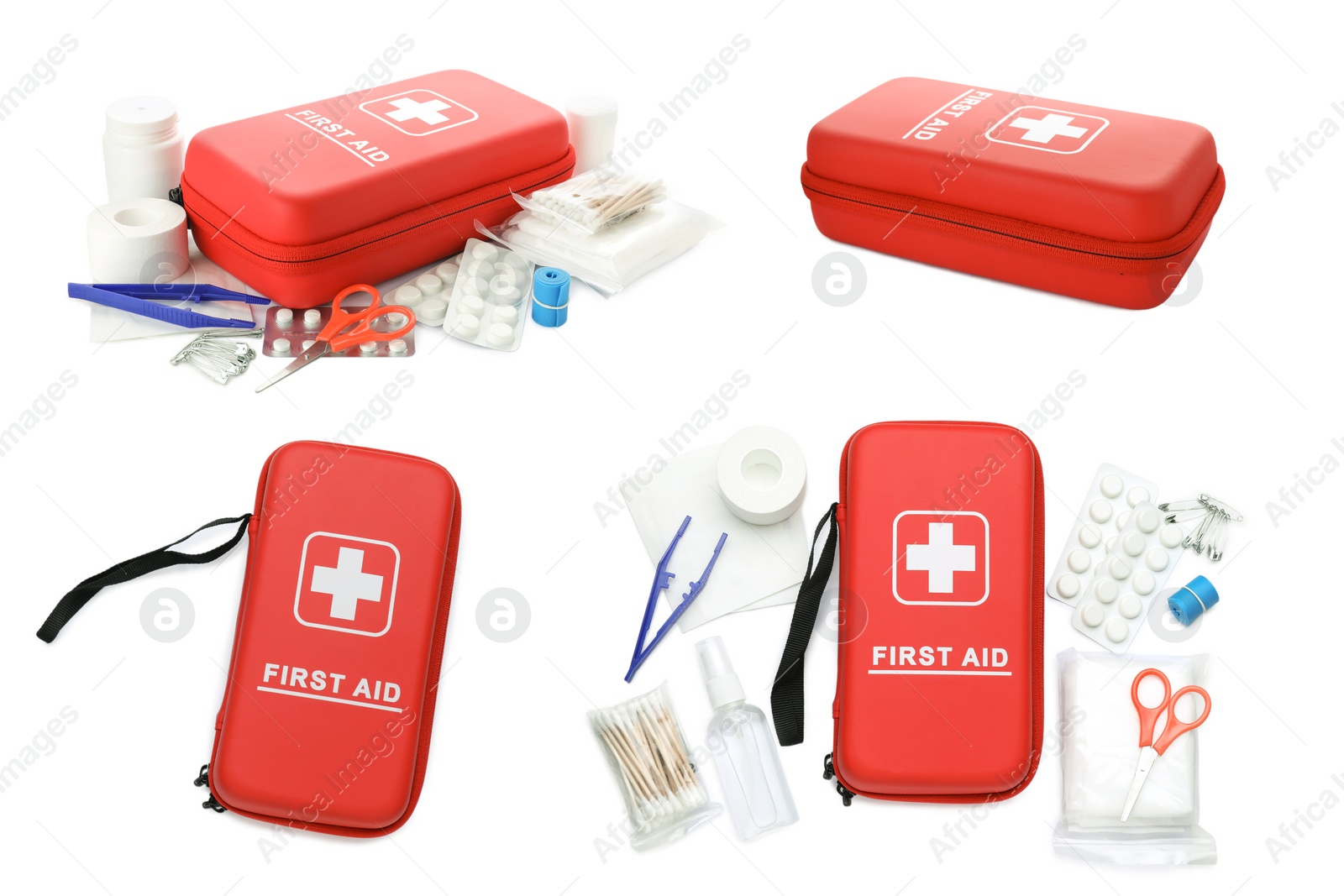 Image of Collage with first aid kit on white background, top and side views